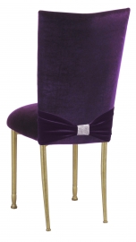 Deep Purple Velvet Chair Cover with Rhinestone Accent and Cushion on Gold Legs