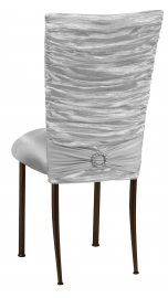 Silver Demure Chair Cover with Jewel Band and Silver Stretch Knit Cushion on Brown Legs