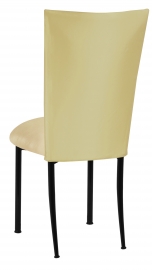 Light Pear Dupioni Chair Cover with Champagne Metallic Stretch Knit Cushion on Black Legs