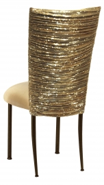 Gold Bedazzled Chair Cover with Gold Stretch Knit Cushion on Brown Legs