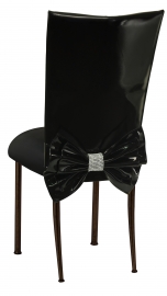 Black Patent Leather Chair Cover with Rhinestone Bow and Black Stretch Knit Cushion on Brown Legs