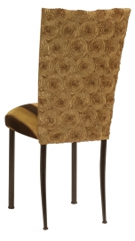 Gold Circle Ribbon Taffeta Chair Cover with Gold and Brown Stripe Cushion on Brown Legs