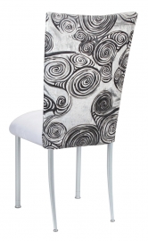 White Swirl Velvet Chair Cover with White Suede Cushion on Silver Legs