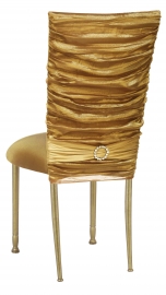 Gold Demure Chair Cover with Jeweled Band and Gold Stretch Knit Cushion on Gold Legs