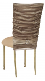 Beige Demure Chair Cover with Jeweled Band and Beige Stretch Knit Cushion on Gold Legs