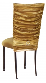 Gold Demure Chair Cover with Jeweled Band and Gold Stretch Knit Cushion on Mahogany Legs