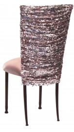 Blush Bedazzled Chair Cover and Blush Stretch Knit Cushion on Mahogany Legs
