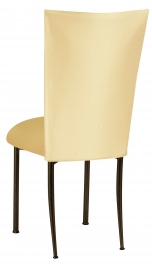 Lemon Ice Dupioni Chair Cover with Gold Knit Cushion on Brown Legs