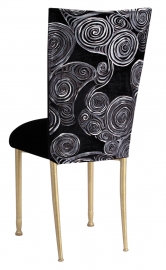 Black Swirl Velvet Chair Cover with Black Velvet Cushion on Gold Legs