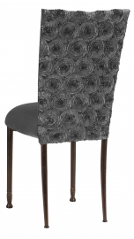 Pewter Circle Ribbon Taffeta Chair Cover with Charcoal Suede Cushion on Mahogany Legs