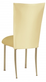 Lemon Ice Dupioni Chair Cover with Gold Knit Cushion on Gold Legs