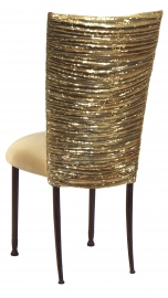 Gold Bedazzled Chair Cover with Gold Stretch Knit Cushion on Mahogany Legs