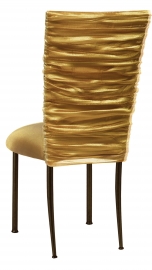 Gold Demure Chair Cover with Gold Stretch Knit Cushion on Brown Legs