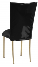 Black Patent Leather Chair Cover with Black Stretch Knit Cushion on Gold Legs