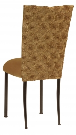 Gold Circle Ribbon Taffeta Chair Cover with Gold Velvet Cushion on Brown Legs