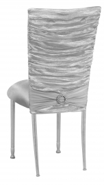 Silver Demure Chair Cover with Jeweled Band and Silver Stretch Knit Cushion on Silver Legs