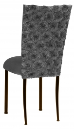 Pewter Circle Ribbon Taffeta Chair Cover with Charcoal Suede Cushion on Brown Legs