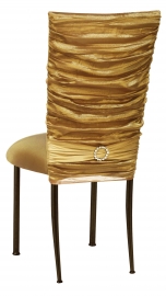 Gold Demure Chair Cover with Jewel Band and Gold Stretch Knit Cushion on Brown Legs