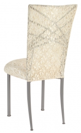 Silver Fanfare with Ivory Lace Chair Cover and Ivory Lace over Ivory Stretch Knit Cushion