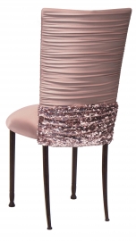 Chloe Blush Chair Cover with Bedazzle Band and Blush Stretch Knit Cushion on Mahogany Legs