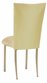 Light Pear Dupioni Chair Cover with Champagne Metallic Gold Stretch Knit Cushion on Gold Legs