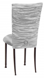 Silver Demure Chair Cover with Jeweled Band and Silver Stretch Knit Cushion on Mahogany Legs