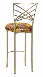 Gold Fanfare Barstool with Yellow and Pink Peacock Knit Cushion