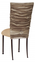 Beige Demure Chair Cover with Jeweled Band and Beige Stretch Knit Cushion on Mahogany Legs