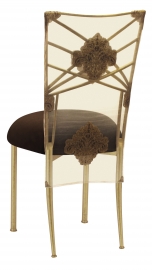 Gold Fanfare with Organza Medallion 3/4 Chair Cover and Chocolate Suede Cushion