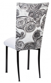 White Swirl Velvet Chair Cover with White Suede Cushion on Black Legs