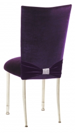 Deep Purple Velvet Chair Cover with Rhinestone Accent and Cushion on Ivory Legs