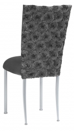 Pewter Circle Ribbon Taffeta Chair Cover with Charcoal Suede Cushion on Silver Legs