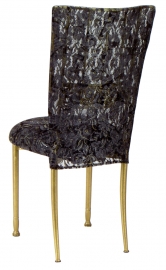 Gold Bella Fleur with Black Lace Chair Cover and Black Lace over Black Stretch Knit Cushion