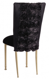Black Rosette Chair Cover with Black Velvet Cushion on Gold Legs