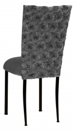 Pewter Circle Ribbon Taffeta Chair Cover with Charcoal Suede Cushion on Black Legs