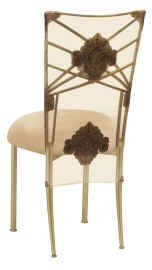 Gold Fanfare with Organza Medallion 3/4 Chair Cover and Toffee Stretch Knit Cushion