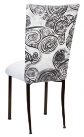 White Swirl Velvet Chair Cover with White Suede Cushion on Brown Legs