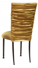 Gold Demure Chair Cover with Gold Stretch Knit Cushion on Mahogany Legs