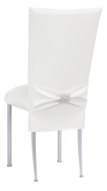 White Patent Chair Cover and Rhinestone Belt with White Stretch Knit Cushion on Silver Legs