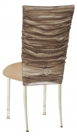 Beige Demure Chair Cover with Jeweled Band and Beige Stretch Knit Cushion on Ivory Legs
