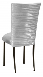 Chloe Metallic Silver on White Foil Chair Cover with Metallic Silver Stretch Knit Cushion on Brown Legs